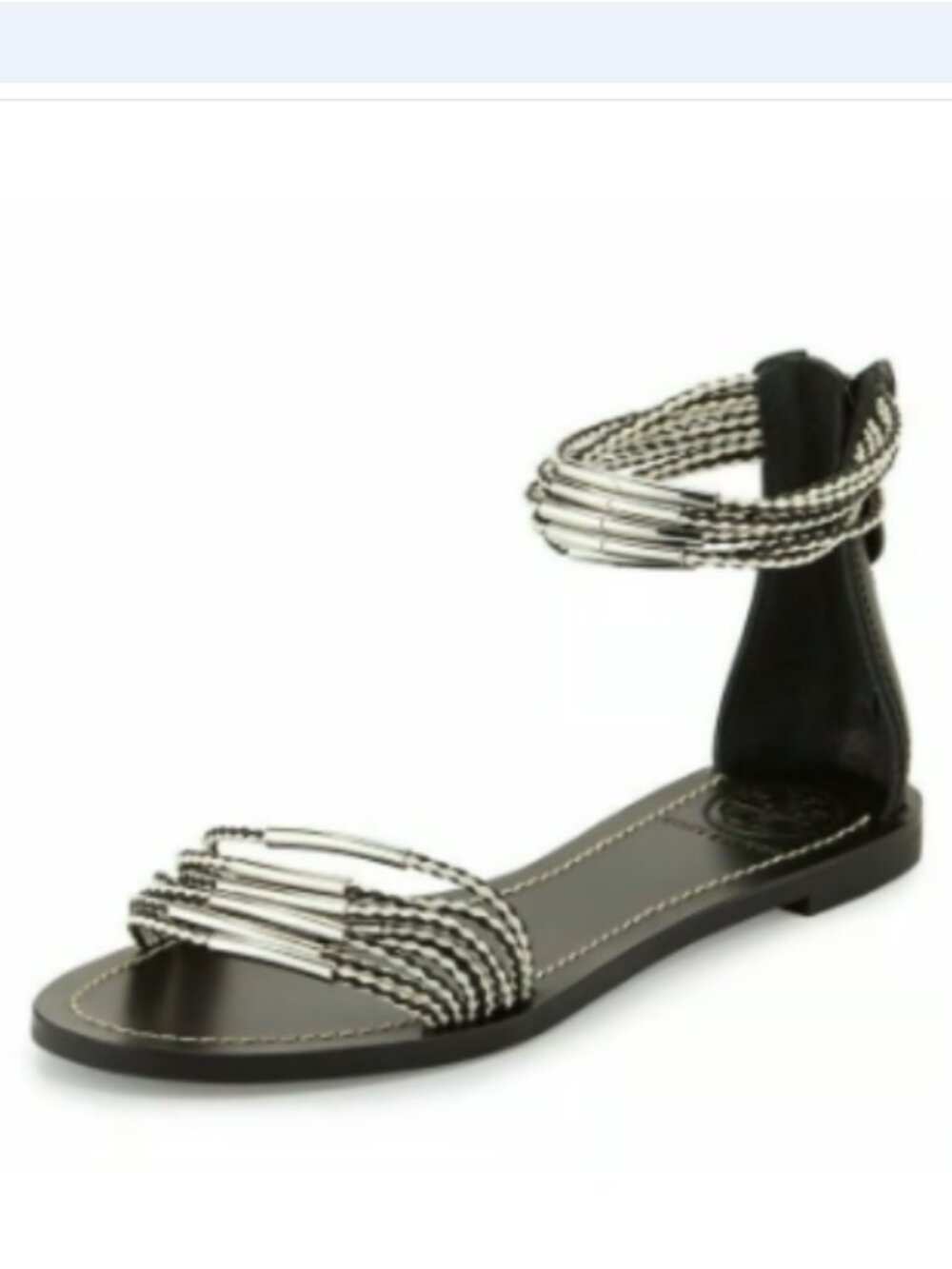 Tory Burch Black & Silver Leather Mignon Braided Flat Sandal sz 6